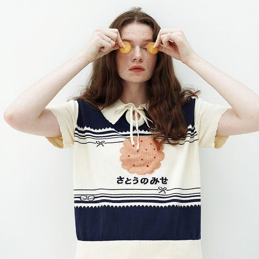 Women's Embroidered Cookies Loose Pullover Lapel Knitwear