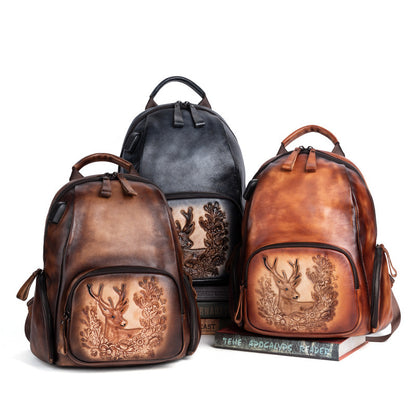 Retro polierte Deckschicht Rindsleder personalisierte Hirschkopf Rucksack