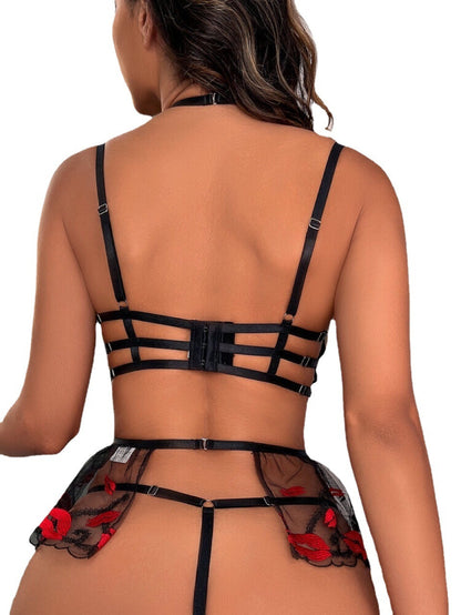 Traje de lencería sexy con bordado de malla para mujer