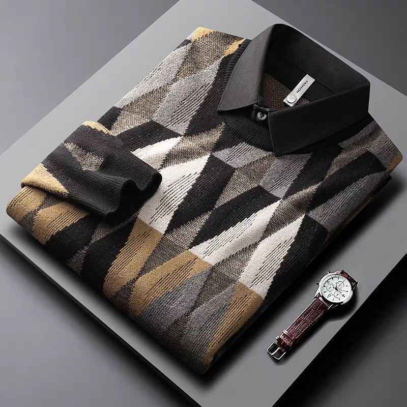 Camisa cálida de dos piezas para hombre con diseño de celosía de diamantes de colores contrastantes