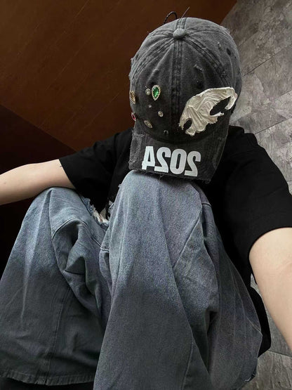 Gorra de béisbol vieja, lavada y cortada, con circunferencia de cabeza grande, desgastada