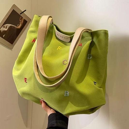 Embroidered Letter Handbag Solid Color Shoulder Tote Bag