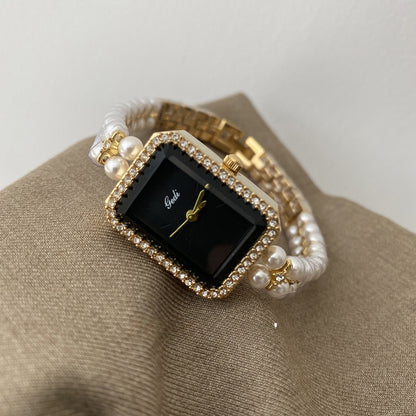 Silber Schwarz Quadrat Perle Armband Diamant Mode Quarzuhr