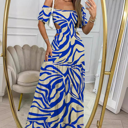 Vestido largo estampado de manga corta con cuello de una sola línea y cintura hueca para vacaciones de verano para mujer
