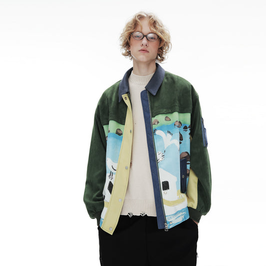 Retro Patchwork Baseball Uniform Men's Flight Suede Jacket