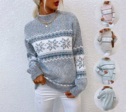 Halbrollkragenpullover mit Schneeflockenmuster für Damen