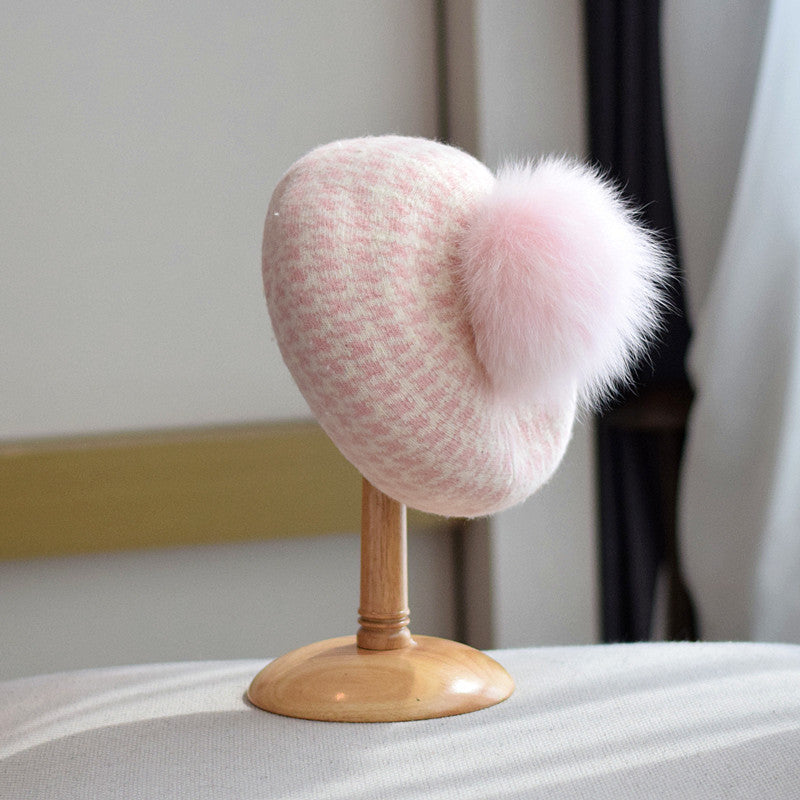 Women's Autumn And Winter Fox Fur Ball Knitted Octagonal Cap