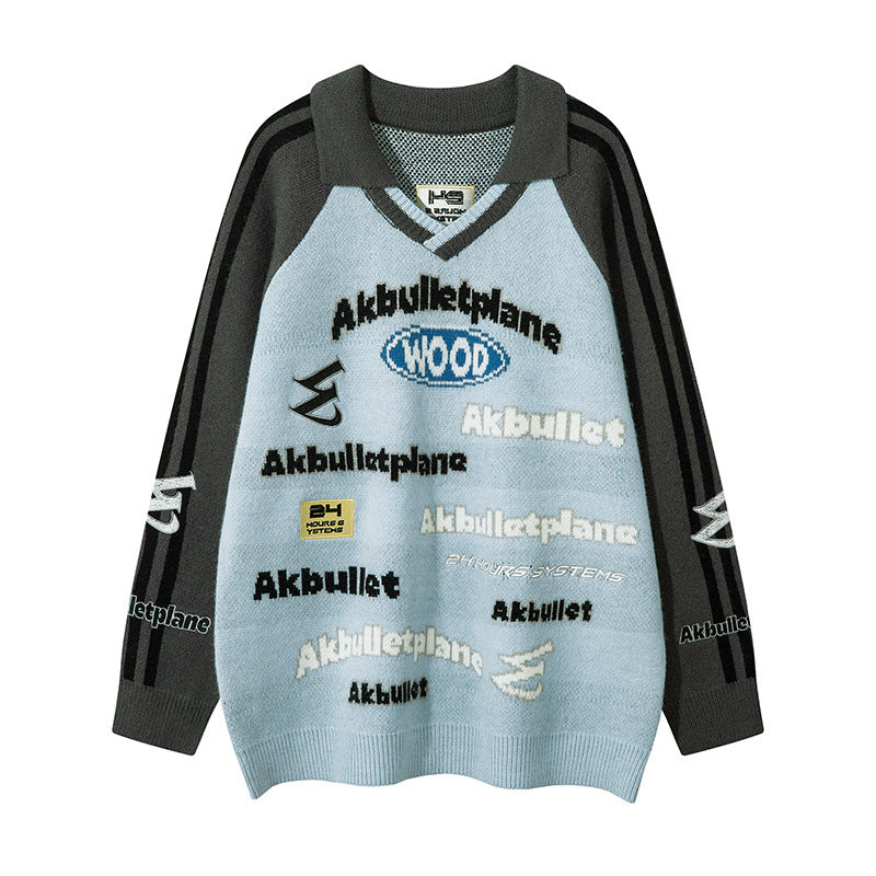 American Street Fashion Lapel Locomotive Style Letter Jacquard Men's And Women's Sweaters