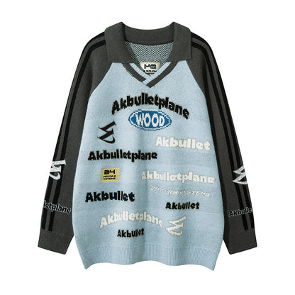 American Street Fashion Lapel Locomotive Style Letter Jacquard Men's And Women's Sweaters