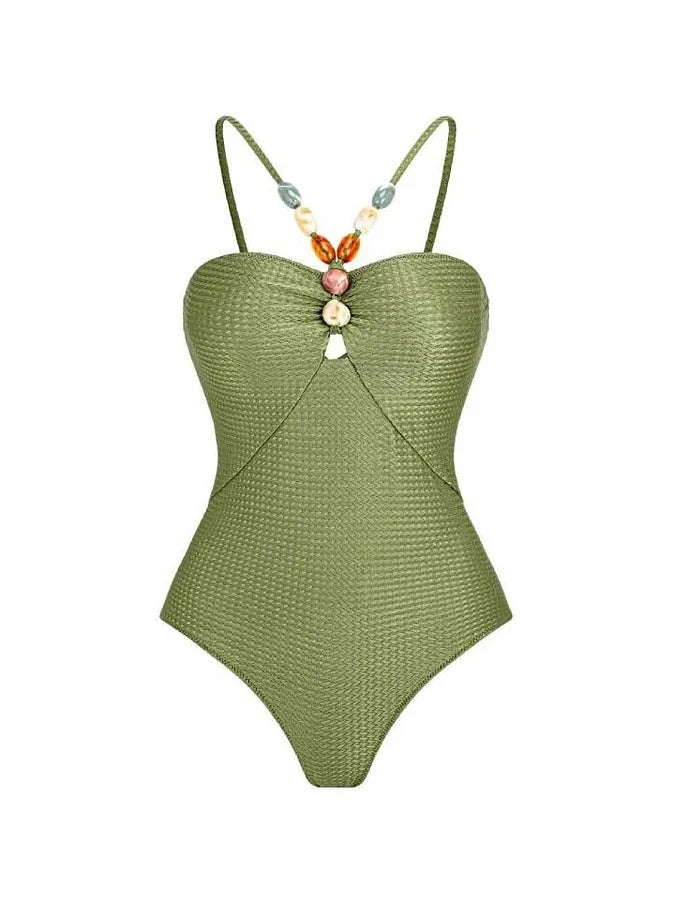 Body de una pieza con cuello adornado y tirantes para el hombro, color verde, con estampado de hojas, para vacaciones, informal, para playa y verano