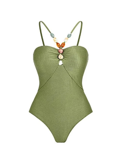 Body de una pieza con cuello adornado y tirantes para el hombro, color verde, con estampado de hojas, para vacaciones, informal, para playa y verano