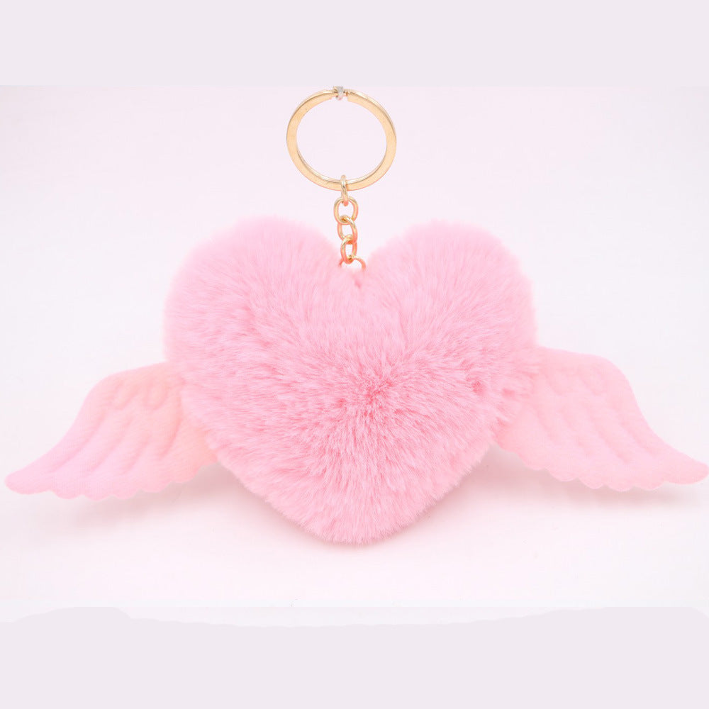 Peach Heart Wings Heart Wool Ball Keychain Pendant