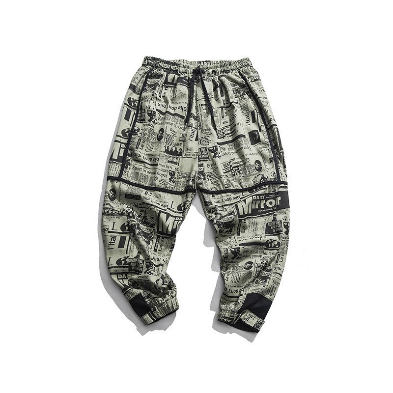Tide brand hip hop newspaper pants men and women pants ins the same paragraph street loose beam pants national tide - BAGMODA