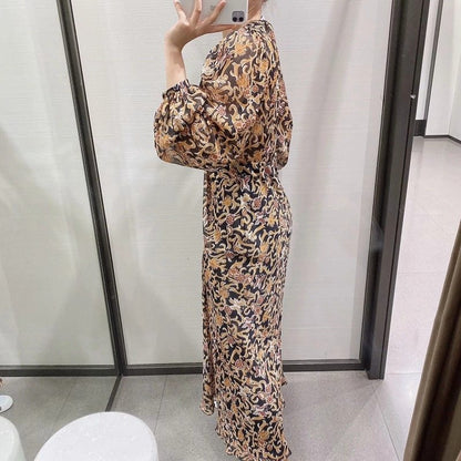 Za Vestidos de mujer Floral Retro Estampado Cuello en V Mangas largas Vestido de tul Mujer Vintage Goth Vestido largo