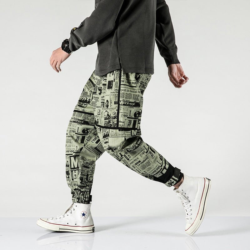 Tide brand hip hop newspaper pants men and women pants ins the same paragraph street loose beam pants national tide - BAGMODA