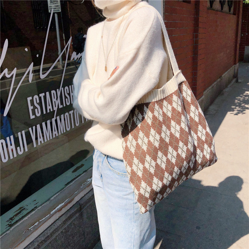 Knitted portable tote bag wool one-shoulder women's cloth bag