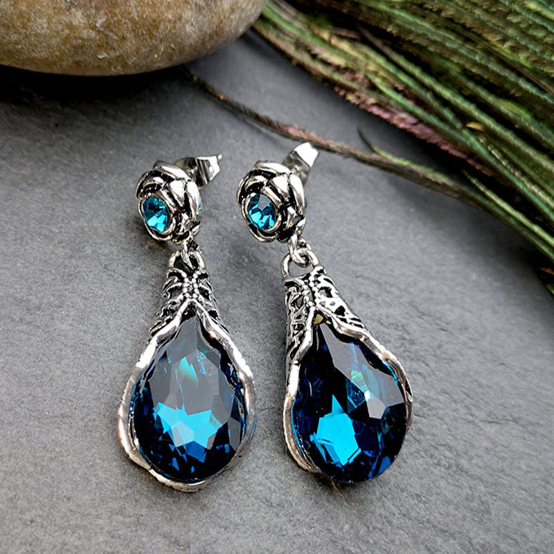 Rose Water Drop Flower Earrings Fashion Polo Peacock Blue Crystal