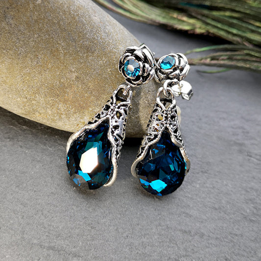 Rose Water Drop Flower Earrings Fashion Polo Peacock Blue Crystal