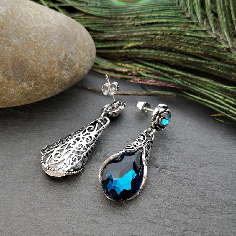 Rose Water Drop Flower Earrings Fashion Polo Peacock Blue Crystal