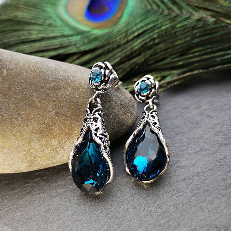 Rose Water Drop Flower Earrings Fashion Polo Peacock Blue Crystal