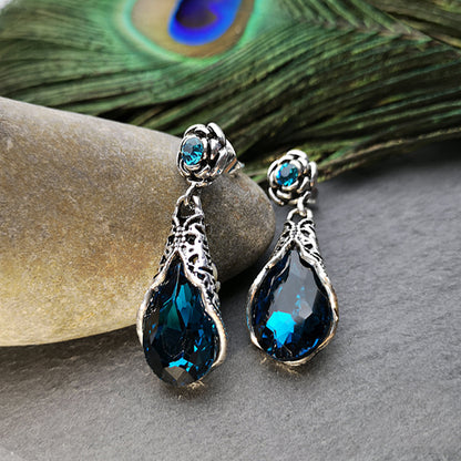 Pendientes de flor de gota de agua de rosas Fashion Polo Pavo Real Cristal Azul