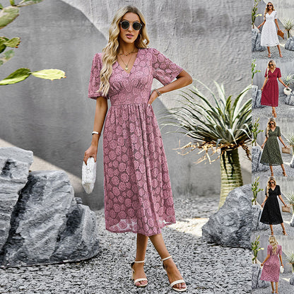Mode V-Ausschnitt Spitzenkleid Sommer Elegante Kurzarm Lange Kleider für Frauen