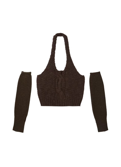 Damen Off Shoulder Neckholder Sling Handschuhe Pullover Strick