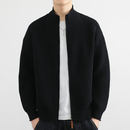 Chaqueta de punto con cremallera y cuello alto de alta gama, color liso