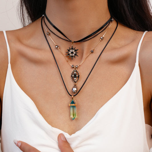 Two-piece European And American Diamond Leather Crystal Eight-pointed Stars Clavicle Chain