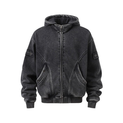 Sudadera polar con capucha y lavado estilo retro americano para hombre