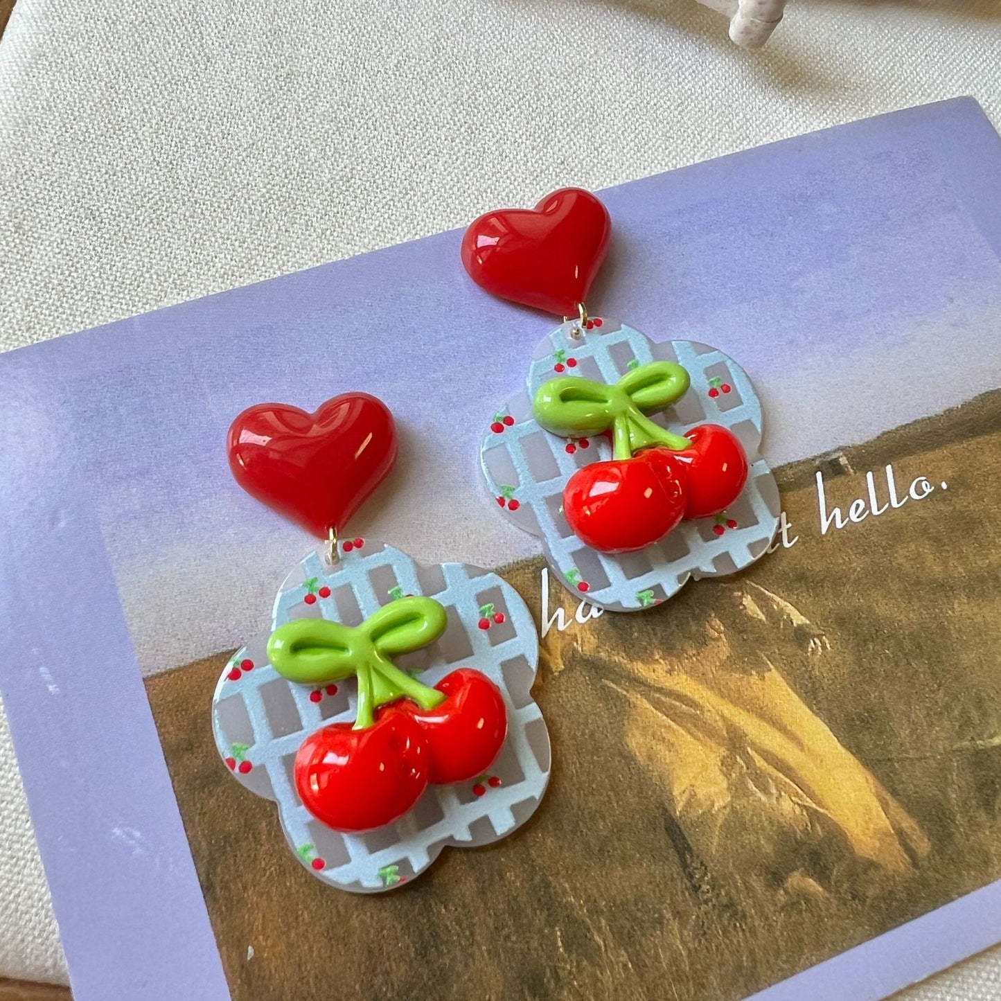 Spring And Summer Cute Cherry Plaid Earrings Girl Love Heart Stud Earrings