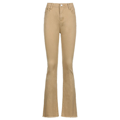 Pantalones vaqueros de corte bota elásticos de cintura alta marrones para mujer