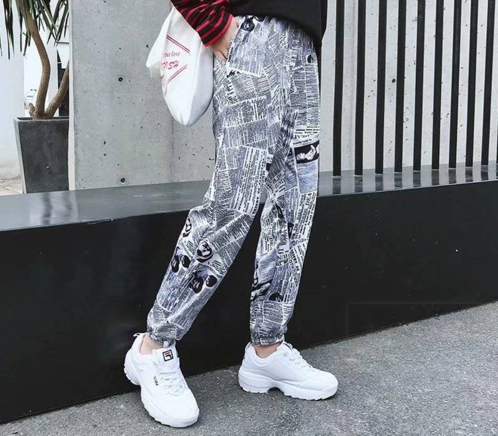 Tide brand hip hop newspaper pants men and women pants ins the same paragraph street loose beam pants national tide - BAGMODA