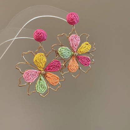 Pendientes colgantes de flores de tela con aguja de plata para mujer