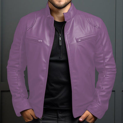 Chaqueta de cuero para motociclista con cuello alto para hombre