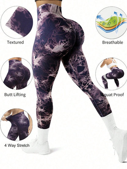 Pantalones de yoga sin costuras con efecto tie-dye color melocotón para mujer, cintura alta, para entrenamiento