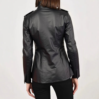 Chaqueta de cuero desgastada de manga larga con cuello alto para mujer