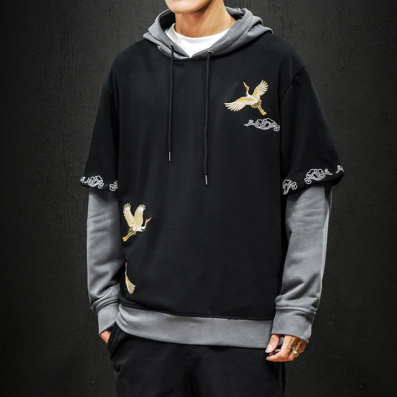 Crane Embroidered Hooded Long Sleeve Top