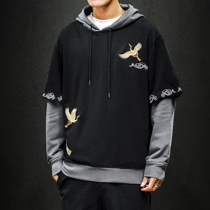 Crane Embroidered Hooded Long Sleeve Top