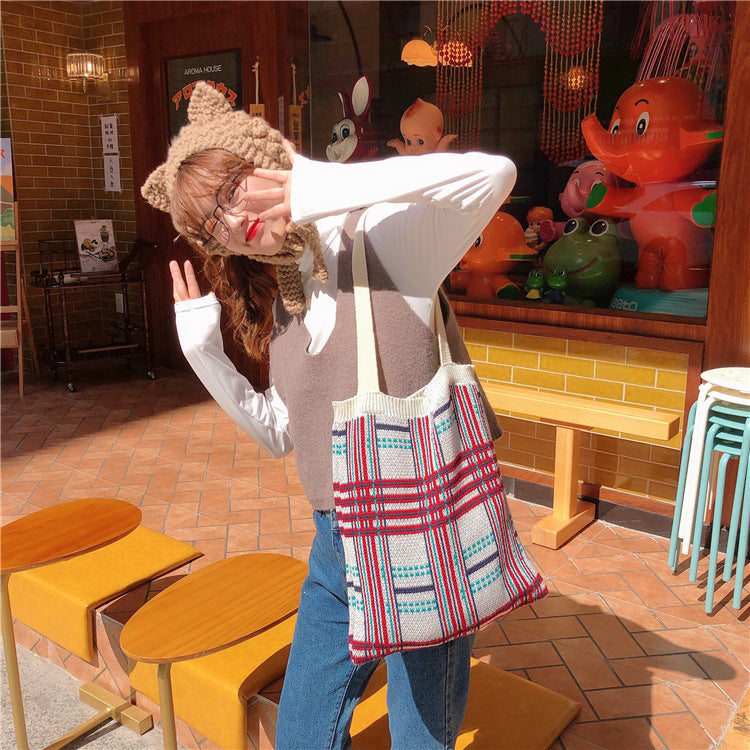 Knitted portable tote bag wool one-shoulder women's cloth bag