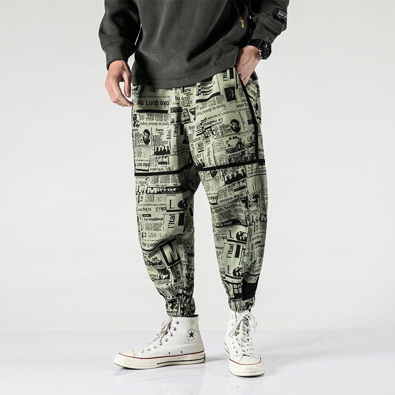 Tide brand hip hop newspaper pants men and women pants ins the same paragraph street loose beam pants national tide - BAGMODA