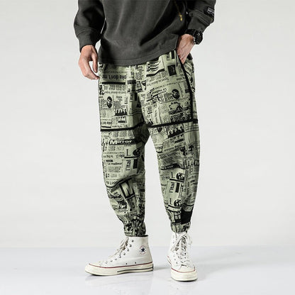 Tide brand hip hop newspaper pants men and women pants ins the same paragraph street loose beam pants national tide - BAGMODA