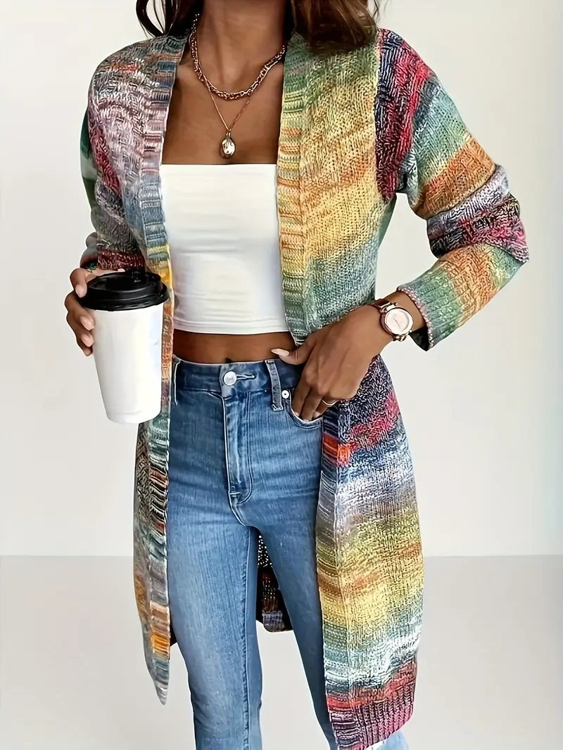 Ladies' Soft Acrylic Gradient Color Block Cardigan