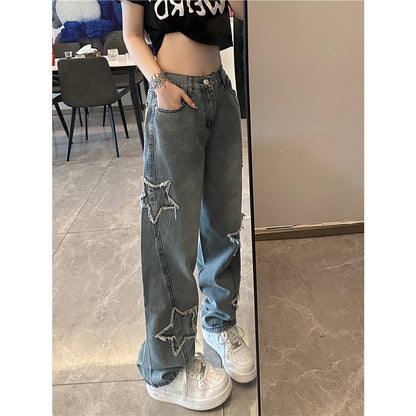 Pantalones vaqueros azules bordados XINGX para mujer, holgados, rectos y de pierna ancha