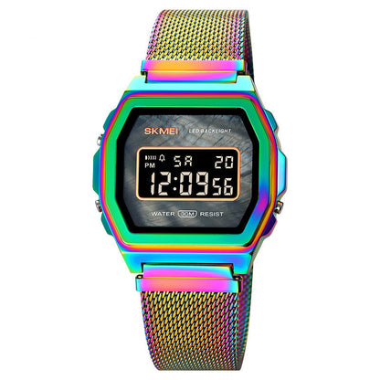Reloj electrónico de acero inoxidable resistente al agua para estudiantes, moderno, multifunción y con personalidad.