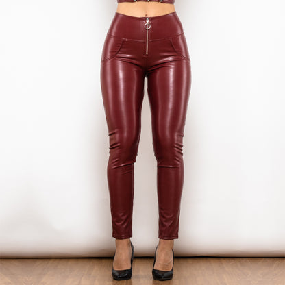 Pantalones de cuero ajustados de cintura alta de color rojo vino para mujer
