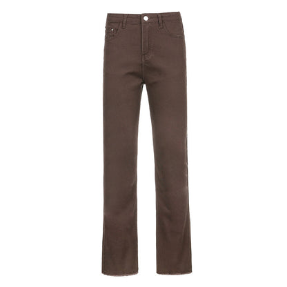 Pantalones vaqueros de corte bota elásticos de cintura alta marrones para mujer