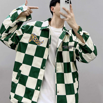 Retro Kontrastfarbe Grün Karierte Reversjacke Herren