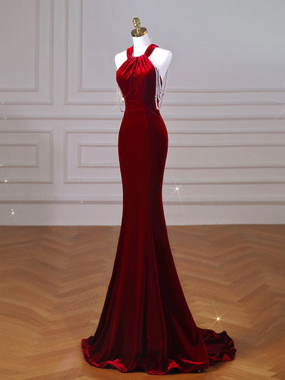 Vestido de cóctel de terciopelo con cola de pez para novia y compromiso