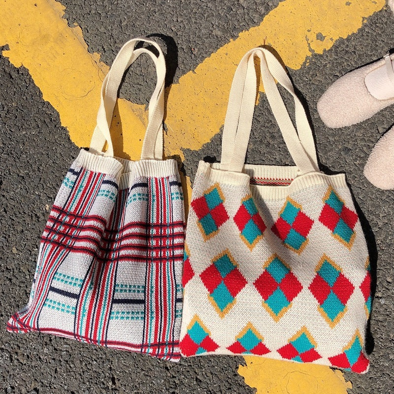 Knitted portable tote bag wool one-shoulder women's cloth bag